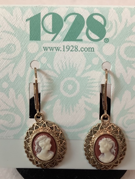 1928 Jewelry - 1928 Gold-Tone Cameo Drop Earrings in Brown and Cream, Brand New
